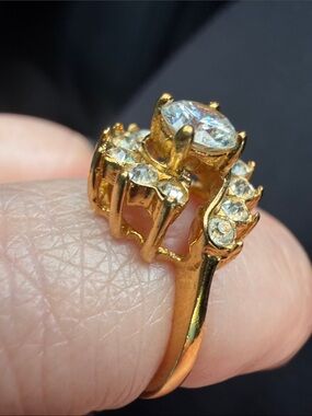 Gold-Plated Ring with Clear CZ Halo - Women's Jewelry